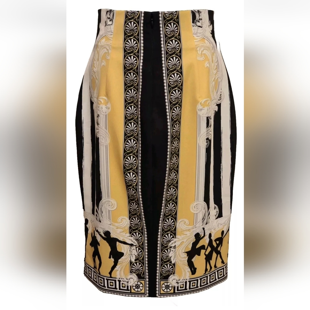 Versace Collection Baroque Greek Key Black Gold Stripe Fully Lined Midi Skirt - Picture 11 of 15